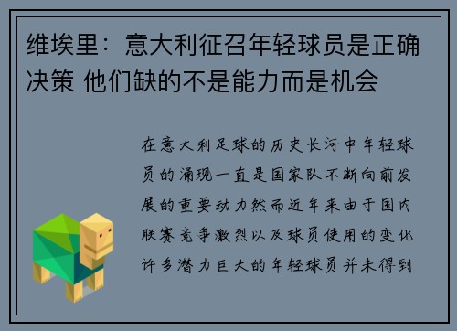 维埃里:意大利征召年轻球员是正确决策 他们缺的不是能力而是机会 维埃里:意大利征召年轻球员是正确决策 他们缺的不是能力而是机会