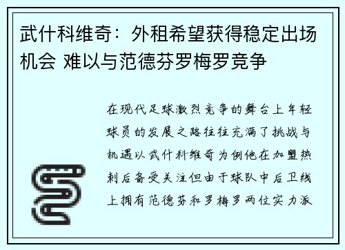 武什科维奇:外租希望获得稳定出场机会 难以与范德芬罗梅罗竞争 武什科维奇:外租希望获得稳定出场机会 难以与范德芬罗梅罗竞争